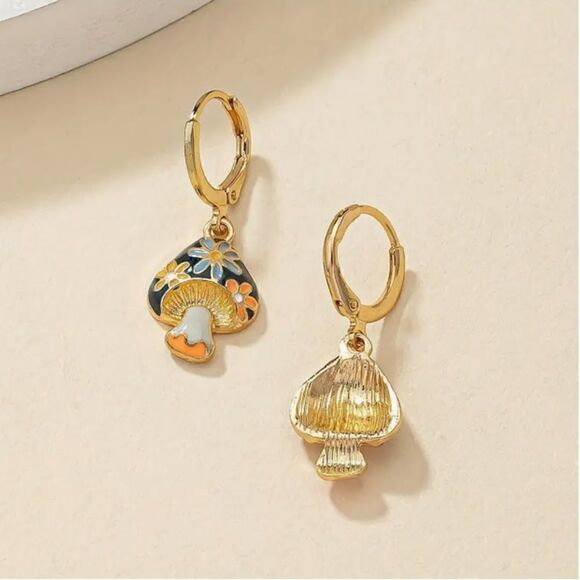 Enchanting Golden Mushroom Pendant Earrings Toadstool Grunge Morel Jewelry Boho - Picture 2 of 4